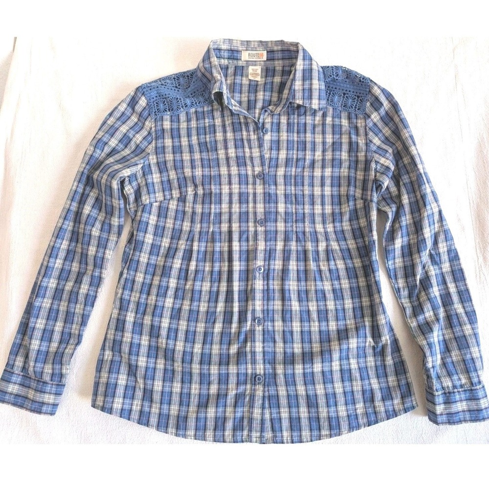 Route 66 Women's M Blue Plaid Pintuck Button Front Shirt Lace Yoke Boho Western